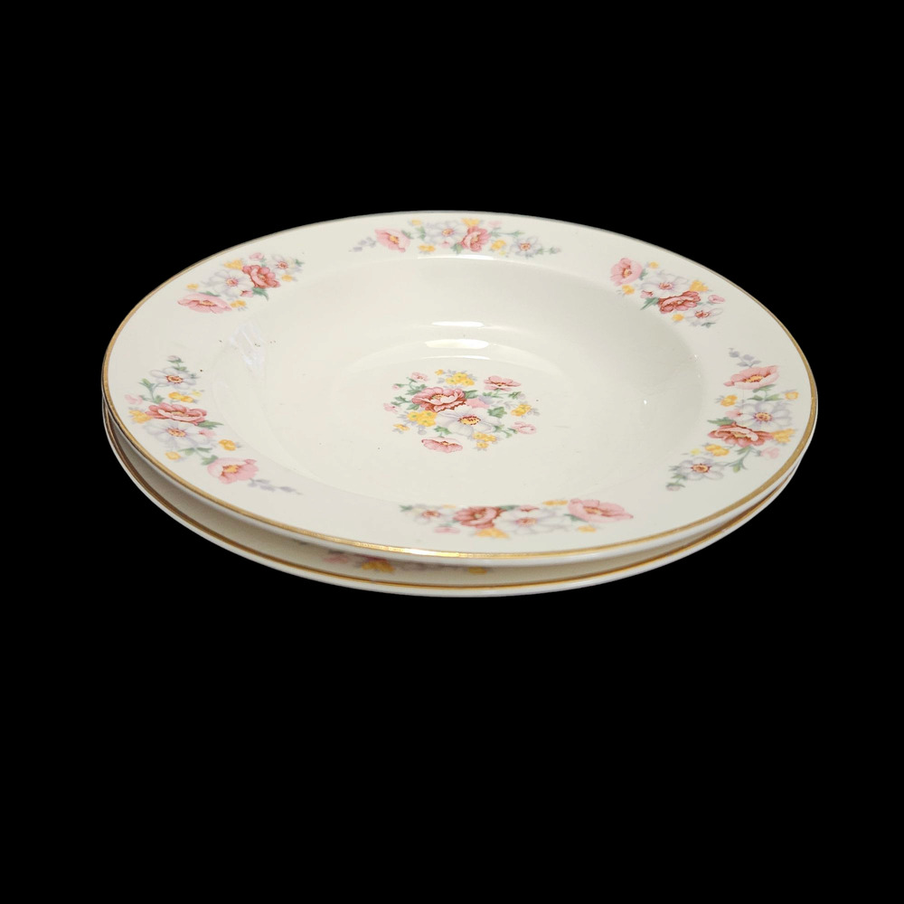 Homer Laughlin Floral Rim Soup Bowls Set of 2 Gold Trim Vintage USA